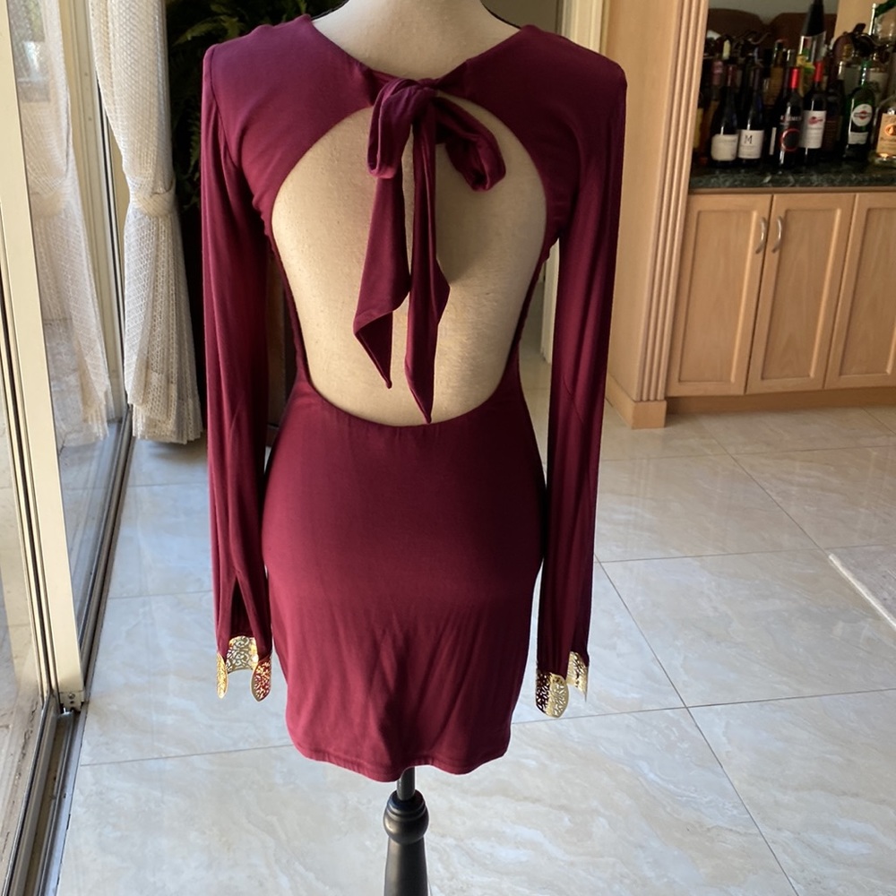Sky Mini Dress with gold cuffs- Burgundy